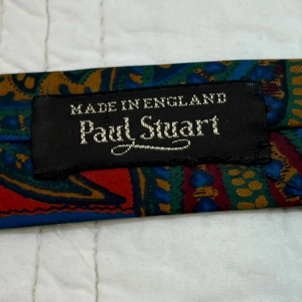 Paul Stuart Red Blue Gold Paisley Tie Made in England Mens Classic Wide 3.5